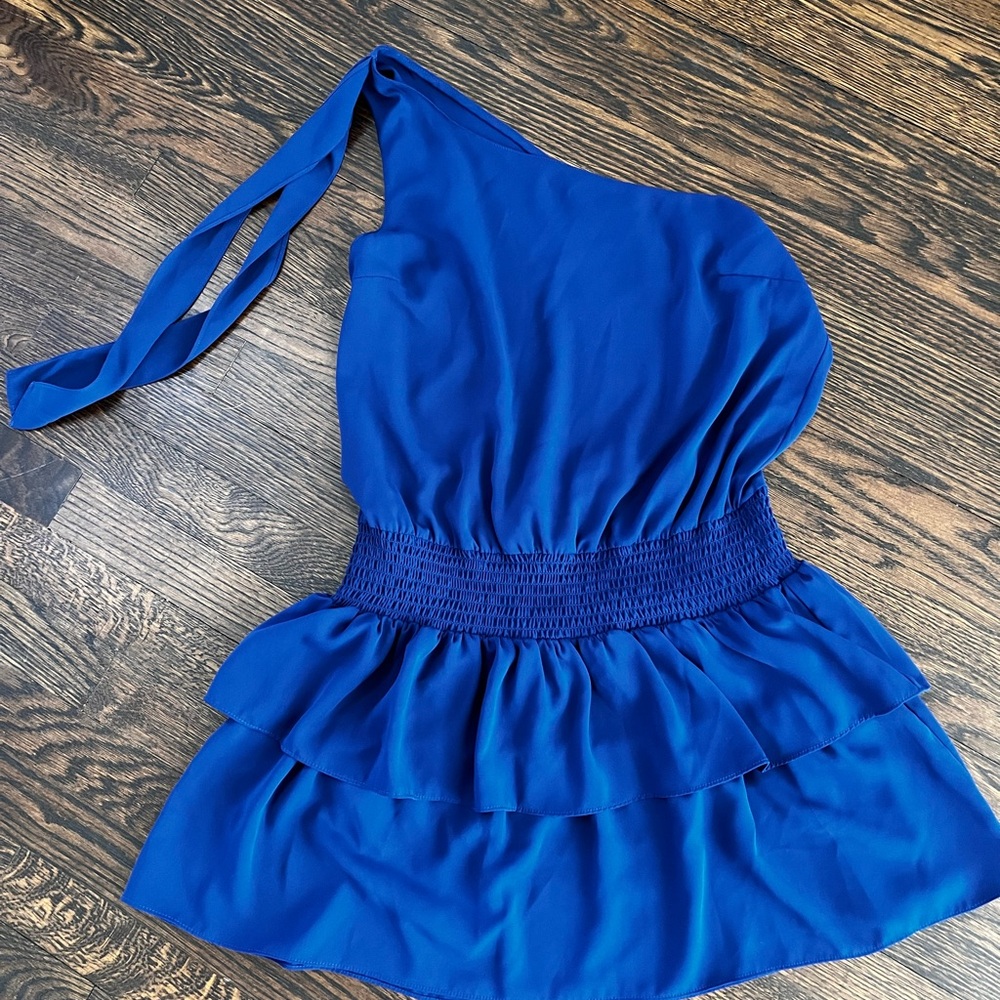 Blue One-Shoulder Dress with Ruffle Hem